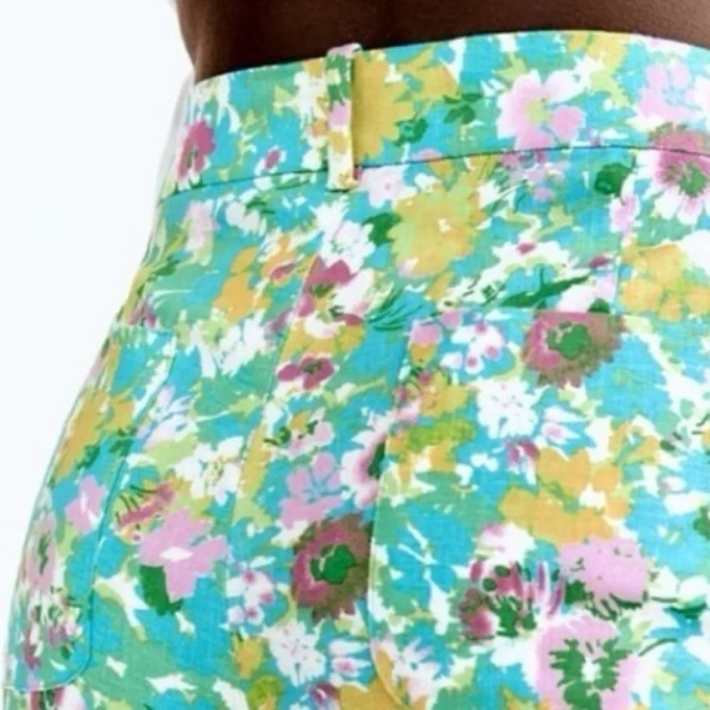 Zara Blue Green Pink Floral Linen Crop Pants Sz 2 NWT